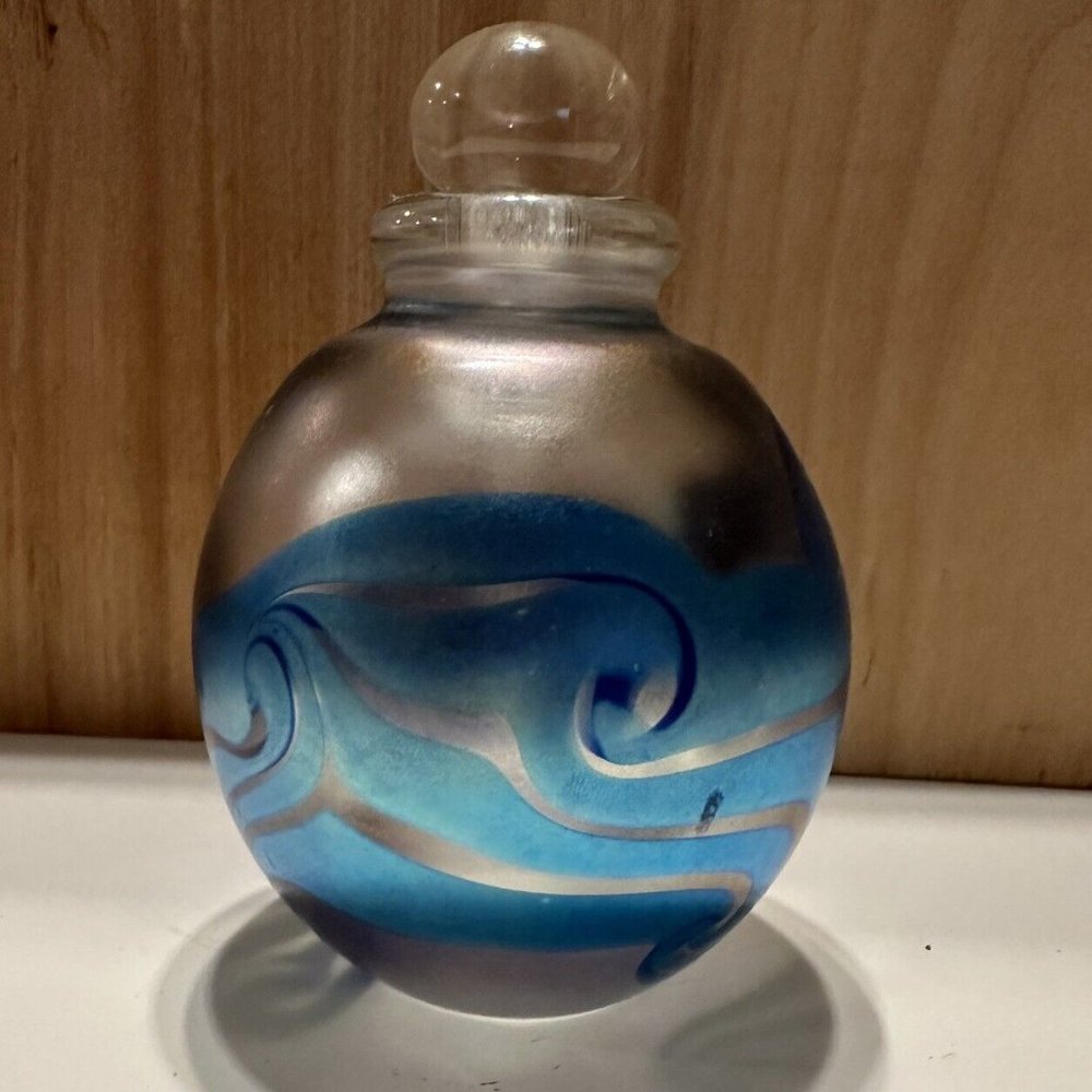 VTG Robert Eickholt Glass Perfume Bottle 1984  Iridescent Turquoise Blue Signed